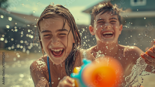 Teenagers Laughing and Playing with Water Guns in Summer Fun
