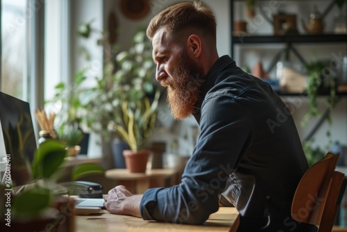 A man sitting at a table with a laptop, working or browsing the internet. Suitable for illustrating work, technology, and remote work concepts