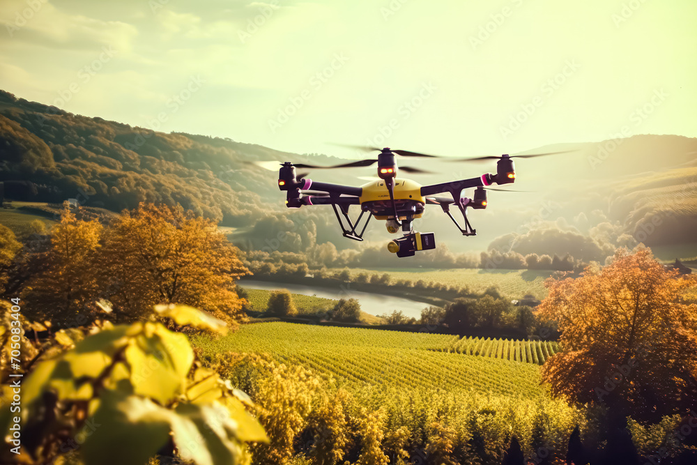 Fototapeta premium Drone over wheat fields, using tech to monitor agriculture. A futuristic stock photo capturing the efficiency of new technologies in food production