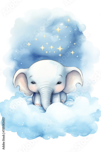 Cute elephant sleeping on a cloud watercolor drawing. Generative AI