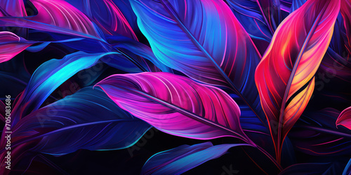 Digital illustration of exotic foliage bathes in hues of magenta and indigo, exuding a cool, neon vibe