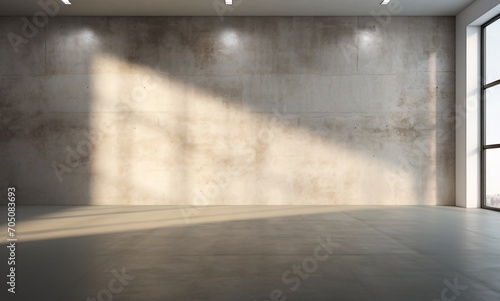 A large  empty room with a cement wall and a single light source. Generative AI