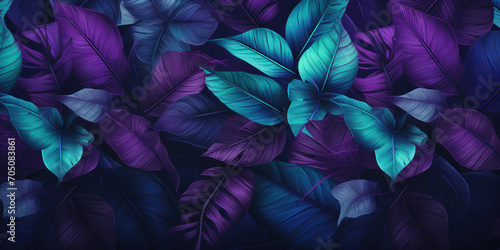 Lush tropical leaves in shades of purple and blue create a dense, vibrant jungle atmosphere