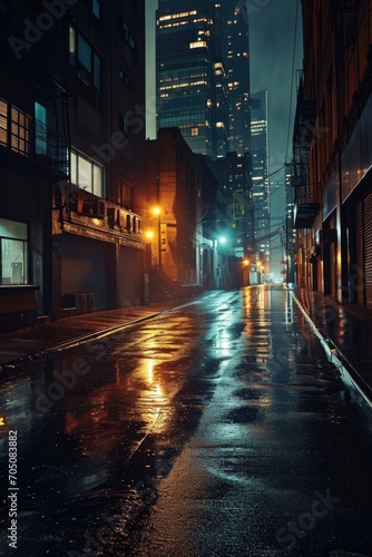 A rainy night on a city street with buildings in the background. Suitable for urban, nightlife, and rainy day concepts