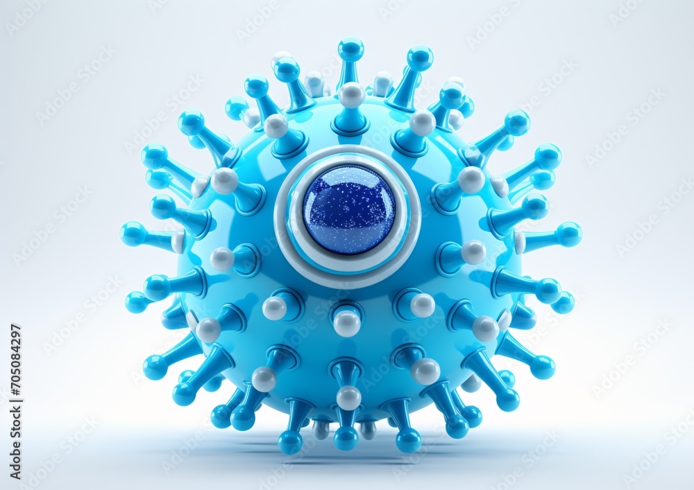 A blue and white virus-like structure with a blue center and white dots Generative AI