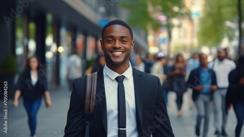 portrait of a handsome smiling white young black businessman boss in a black suit walking on a city street to his company office. blurry crowdy street background --ar 16:9 photo