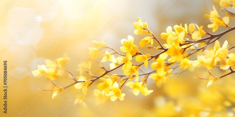 flowering forsythia in springtime sunshine, floral spring background banner concept with copy space and defocused lights in saturated yellow color