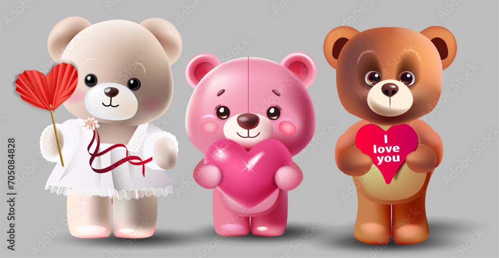 Set of adorable teddy bears with hearts Set of adorable teddy bears with hearts