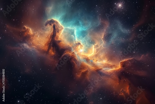 A dramatic nebula in space, with swirling clouds of gas and dust illuminated by starlight.