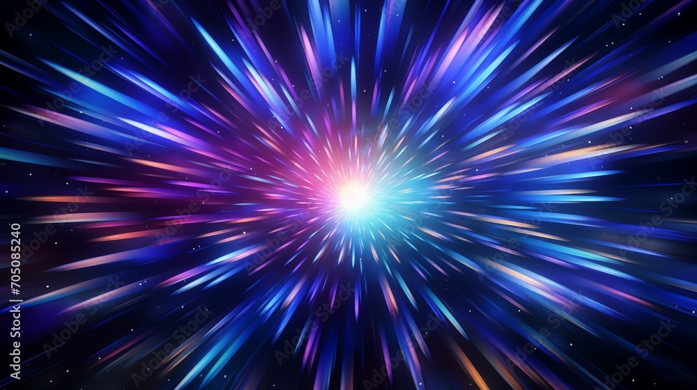 Fototapeta premium Hyper jump, Light speed, hyperspace, space warp background. Abstract cosmic background. Neon glowing rays in motion. Neon glowing rays in motion.