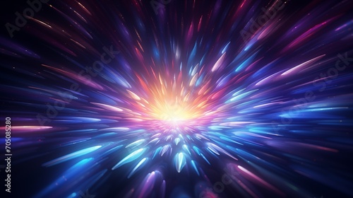 Hyper jump, Light speed, hyperspace, space warp background. Abstract cosmic background. Neon glowing rays in motion. Neon glowing rays in motion. © nataliia_ptashka