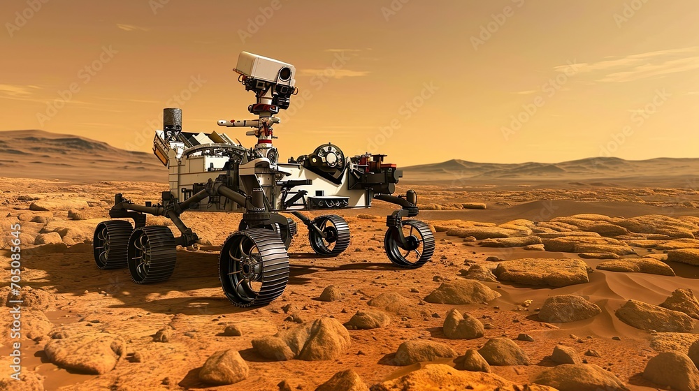An AI-powered rover exploring the surface of Mars made with Ai generative technology, property is fictional An AI-powered rover exploring the surface of Mars made with Ai generative technology, property is fictional