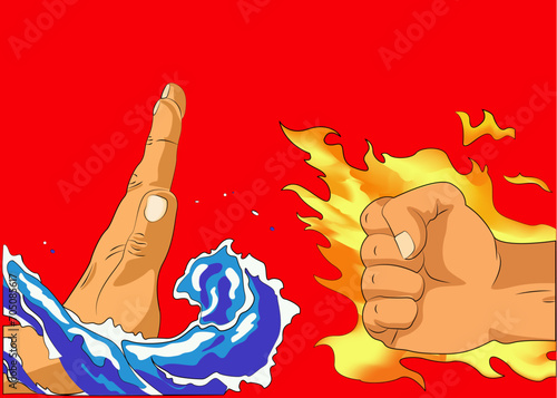 Conflict. Vector illustration on the theme of disputable situations, conflicts, wars. Concept of fire extinguishing and conflict resolution. Water extinguishes fire. Hand and fist on red background. 