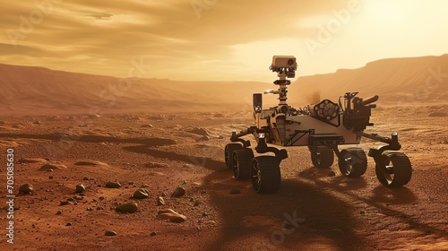 An AI-powered rover exploring the surface of Mars made with Ai generative technology, property is fictional