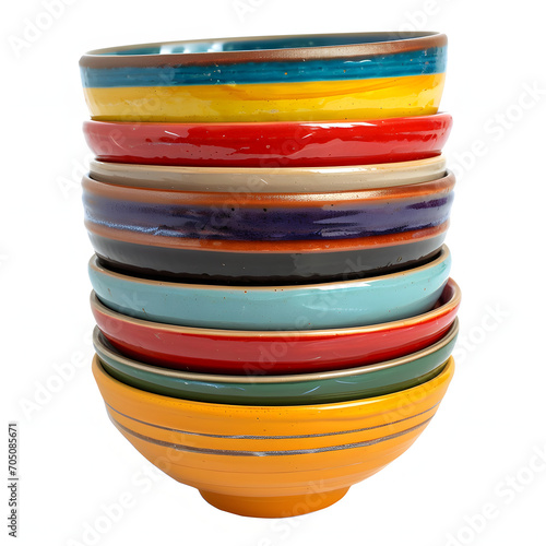 Colorful ceramic bowls isolated on white background, png

