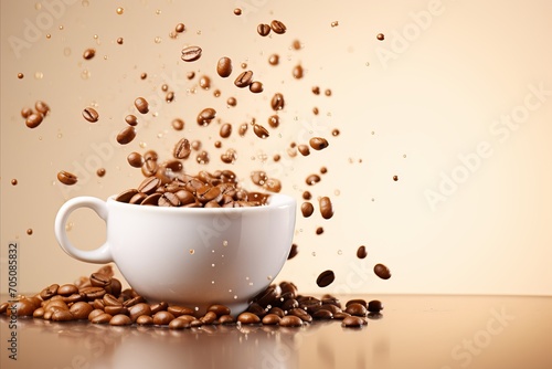 Coffee cup with splashes and flying beans on brown background, copy space for text