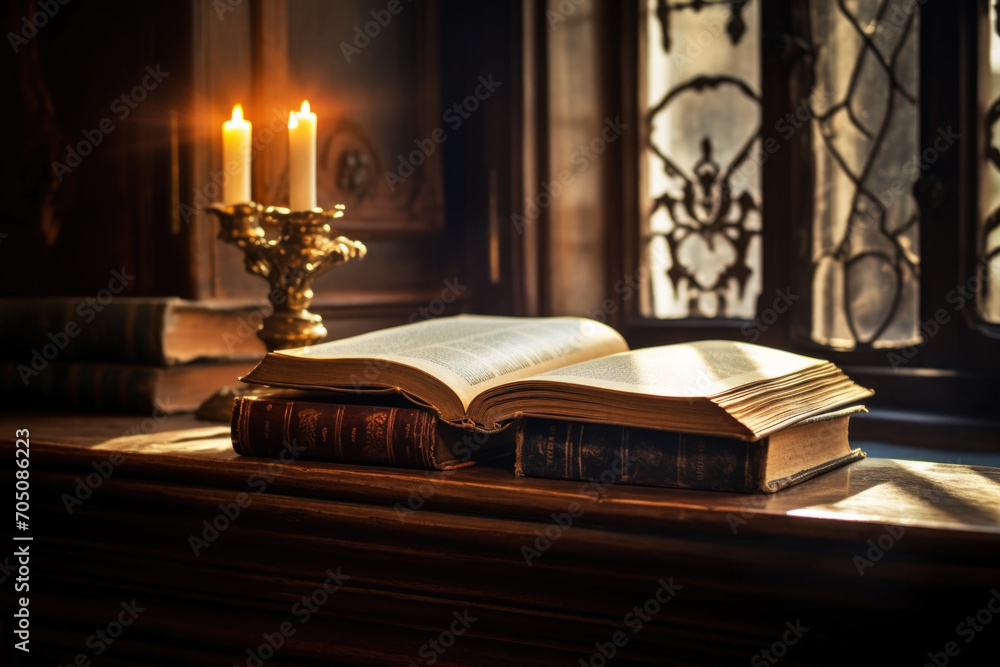 Antique old book and candle on wooden desk next to the window Antique old book and candle on wooden desk next to the window