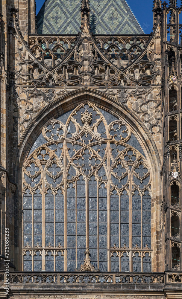 Window of St. Vitus cathedral in Prague, Czech Republic