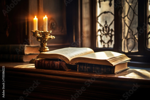 Antique old book and candle on wooden desk next to the window