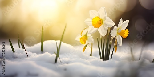 Yellow daffodils break through the snow cover and spring awakens the concept of nature photo