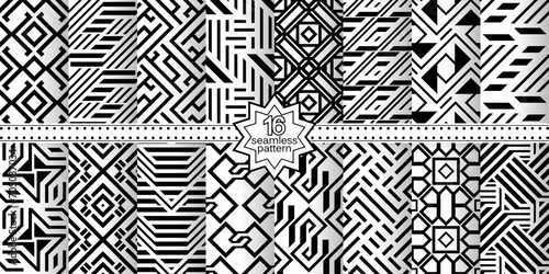 A set of vector seamless patterns. Modern geometric textures. Monochrome.
