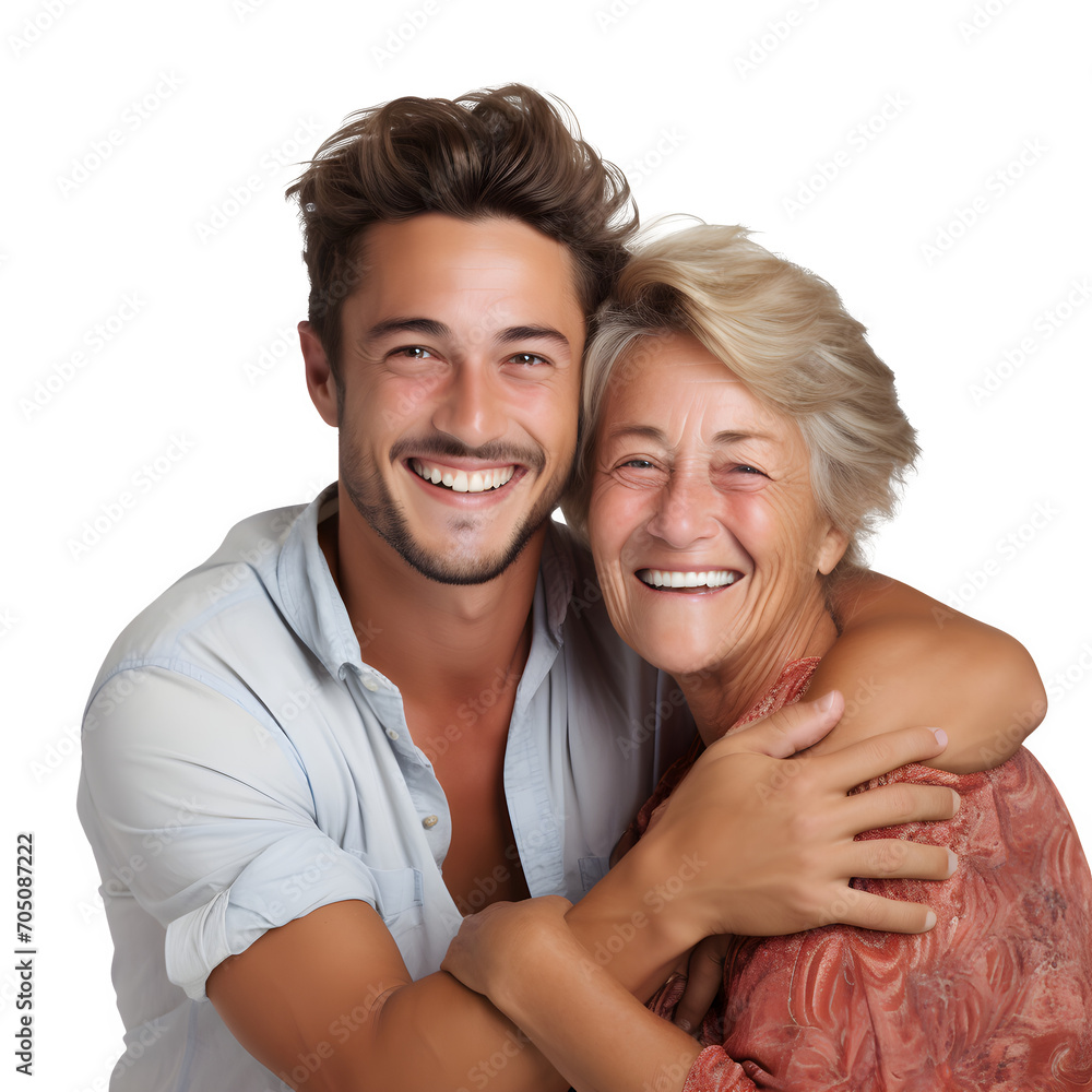 Happy young son with hugging mother, smiling familly holding mother with love and care in studio, isolated on transparent background Generative AI Happy young son with hugging mother, smiling familly holding mother with love and care in studio, isolated on transparent background Generative AI