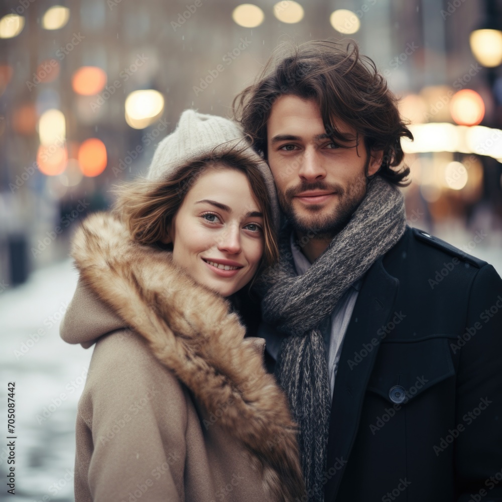 Loving young couple wearing winter clothing in the outdoor Loving young couple wearing winter clothing in the outdoor