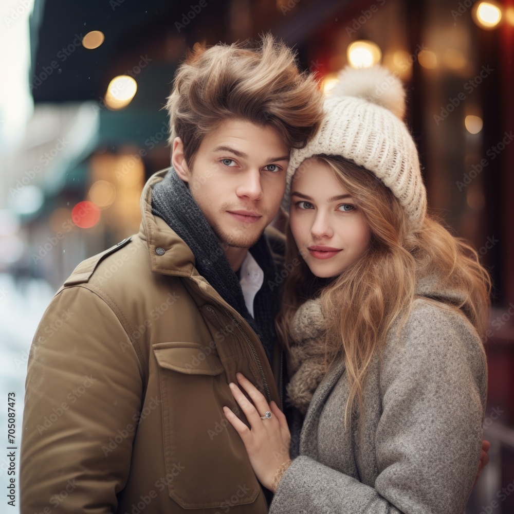 Loving young couple wearing winter clothing in the outdoor Loving young couple wearing winter clothing in the outdoor