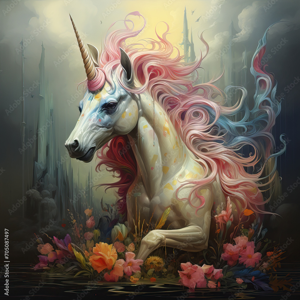 Legendary Unicorn with a single large, pointed and spiraling horn in a mystical environment, AI Generated