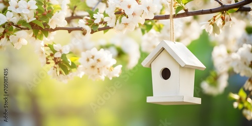 hanging birdhouse in white flowering branches in spring, natural scene in springtime, concept for protecting environment, idyllic nature, decoration in easter season