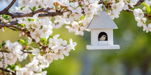 hanging birdhouse in white flowering branches in spring, natural scene in springtime, concept for protecting environment, idyllic nature, decoration in easter season