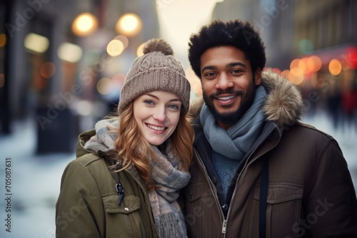 Loving young couple wearing winter clothing in the outdoor