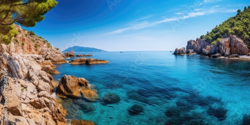 Sun shines to beautiful bay with a small beach and views of the blue sea and rocks