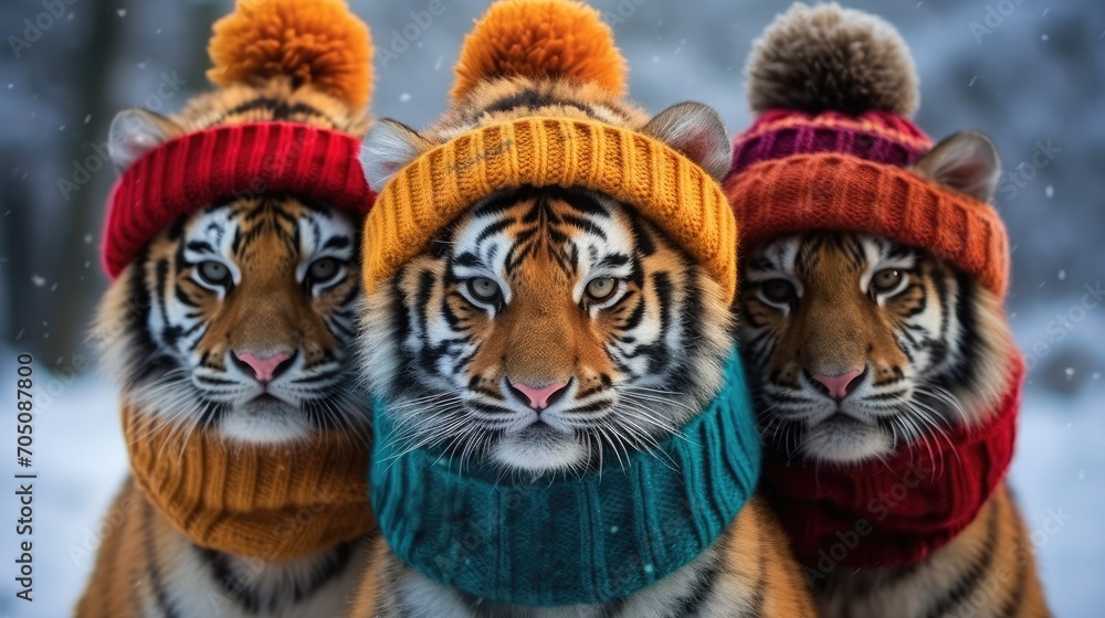 Funny portrait of three tigers in knitted hats. Funny animal prints, posters, wallpaper, wallpaper. Cute wild animals. Funny tiger in a hat. Winter collection of knitted clothes. Goods for pets. Funny portrait of three tigers in knitted hats. Funny animal prints, posters, wallpaper, wallpaper. Cute wild animals. Funny tiger in a hat. Winter collection of knitted clothes. Goods for pets.