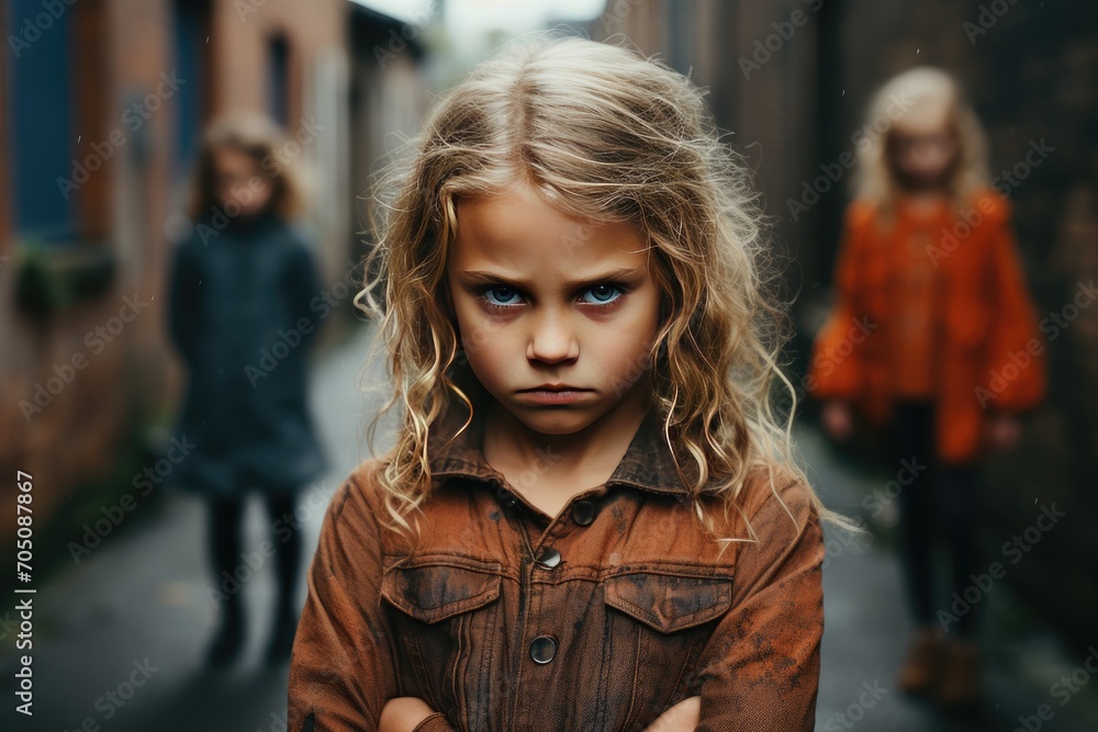 Fototapeta premium Angry kids gather in a narrow street, their faces contorted with negative emotions, directing their hostile gaze toward the camera, illustrating the issue of bullying at school.