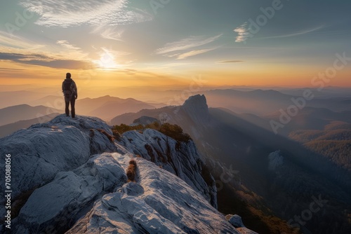 A person standing on a mountain peak with a scenic view of the surrounding landscape at sunrise.