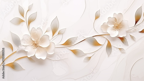 Luxury minimal style wallpaper with golden line art flower and botanical leaves, Organic shapes, Watercolor, Ai generated image