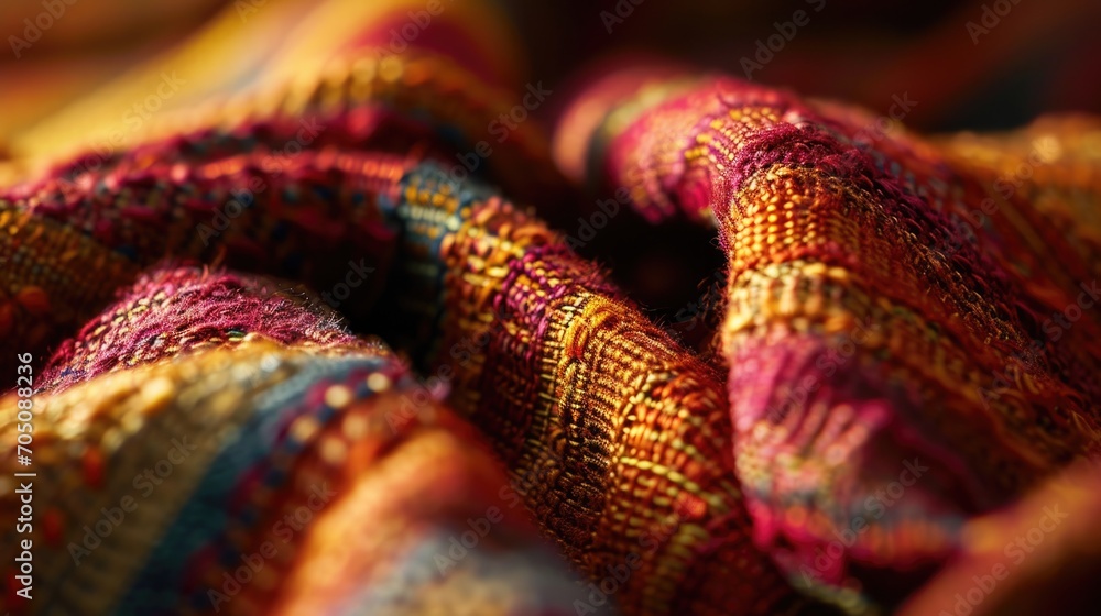 A close-up view of a vibrant scarf in the colors of red, yellow, and blue. This versatile accessory can be used to add a pop of color to any outfit A close-up view of a vibrant scarf in the colors of red, yellow, and blue. This versatile accessory can be used to add a pop of color to any outfit