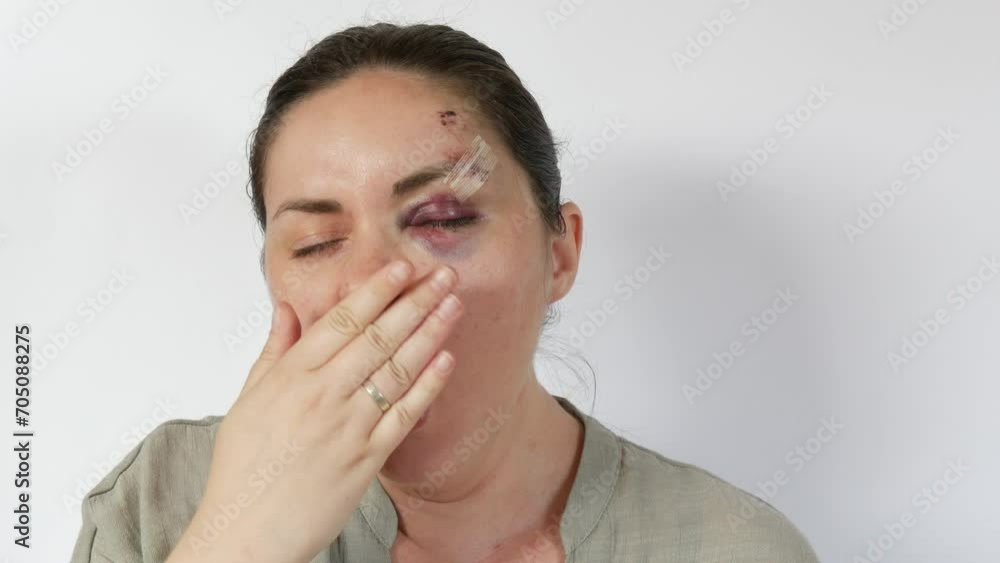 Young woman yawns at the camera with real bruise hematoma under eye of a young woman, fresh purple bruise and scratches on forehead from a blow. terrified face of domestic violence victim Young woman yawns at the camera with real bruise hematoma under eye of a young woman, fresh purple bruise and scratches on forehead from a blow. terrified face of domestic violence victim