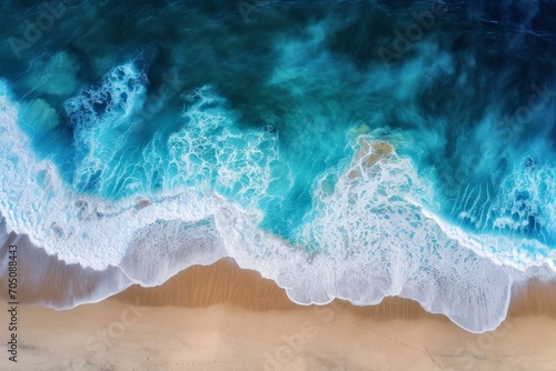 Aerial view of ocean waves crashing onto a sandy shore.