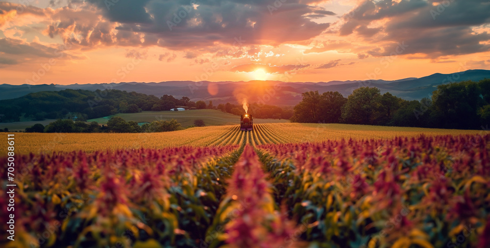 Show a cornfield in Lancaster Pennsylvania while train in the countryside, field of flowers