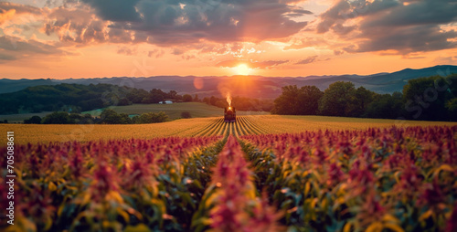Show a cornfield in Lancaster Pennsylvania while train in the countryside  field of flowers