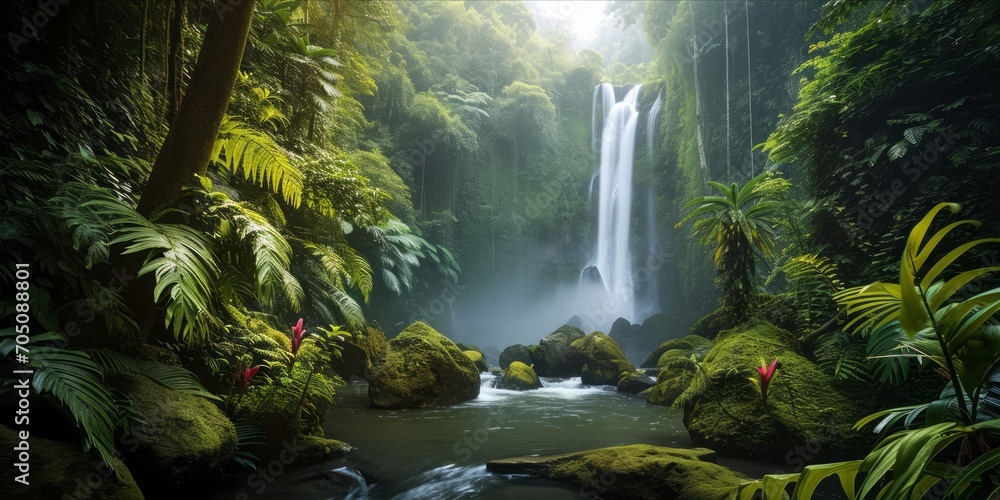 A serene tropical rainforest with a waterfall and lush vegetation. - obrazy, fototapety, plakaty 