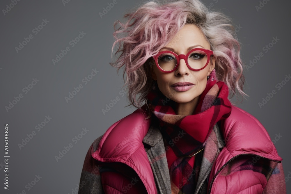 Fashionable young woman with pink hair wearing pink coat and red glasses