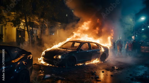 Car caught fire at night in the protests