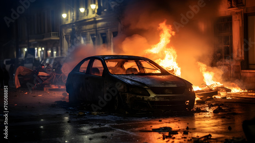 Car on fire at night in the protests