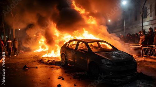 Car on fire at night during the protests, consequences of the collision