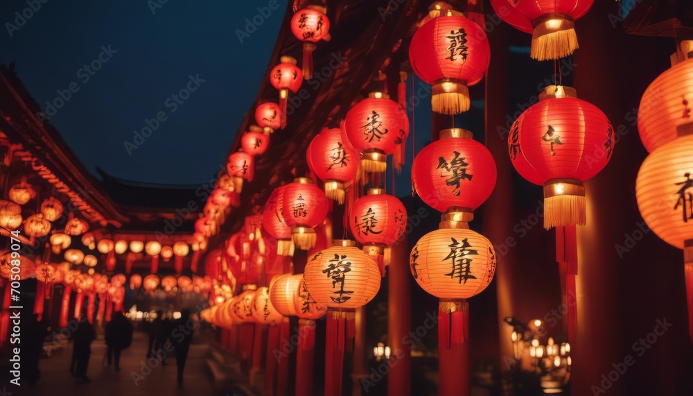 Traditional Chinese lanterns display in Temple illuminated for Chinese new year festival