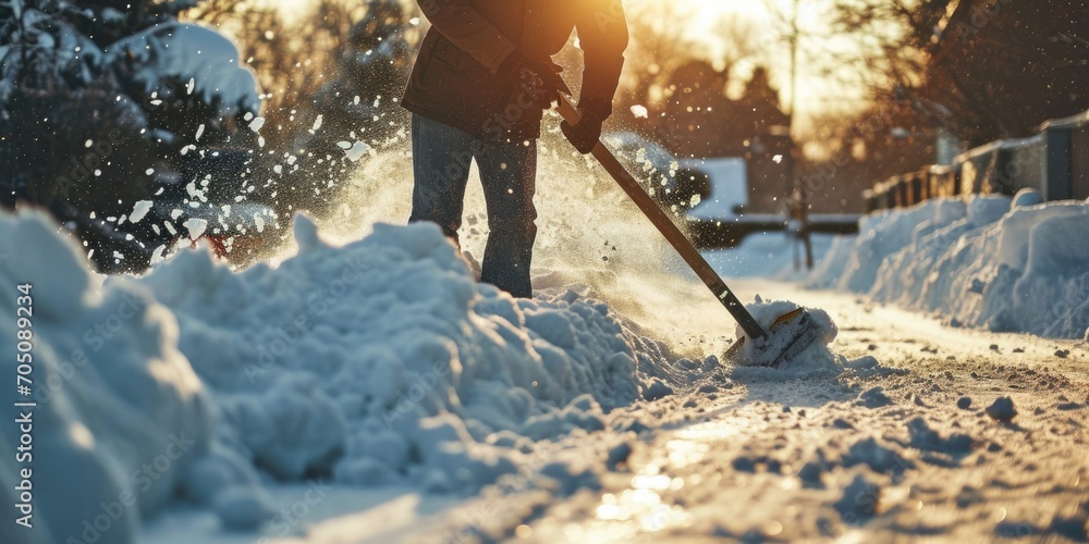 A person using a shovel to remove snow. This image can be used to illustrate winter weather conditions and the act of snow removal - obrazy, fototapety, plakaty 