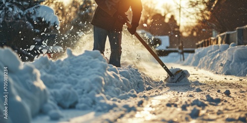 A person using a shovel to remove snow. This image can be used to illustrate winter weather conditions and the act of snow removal photo